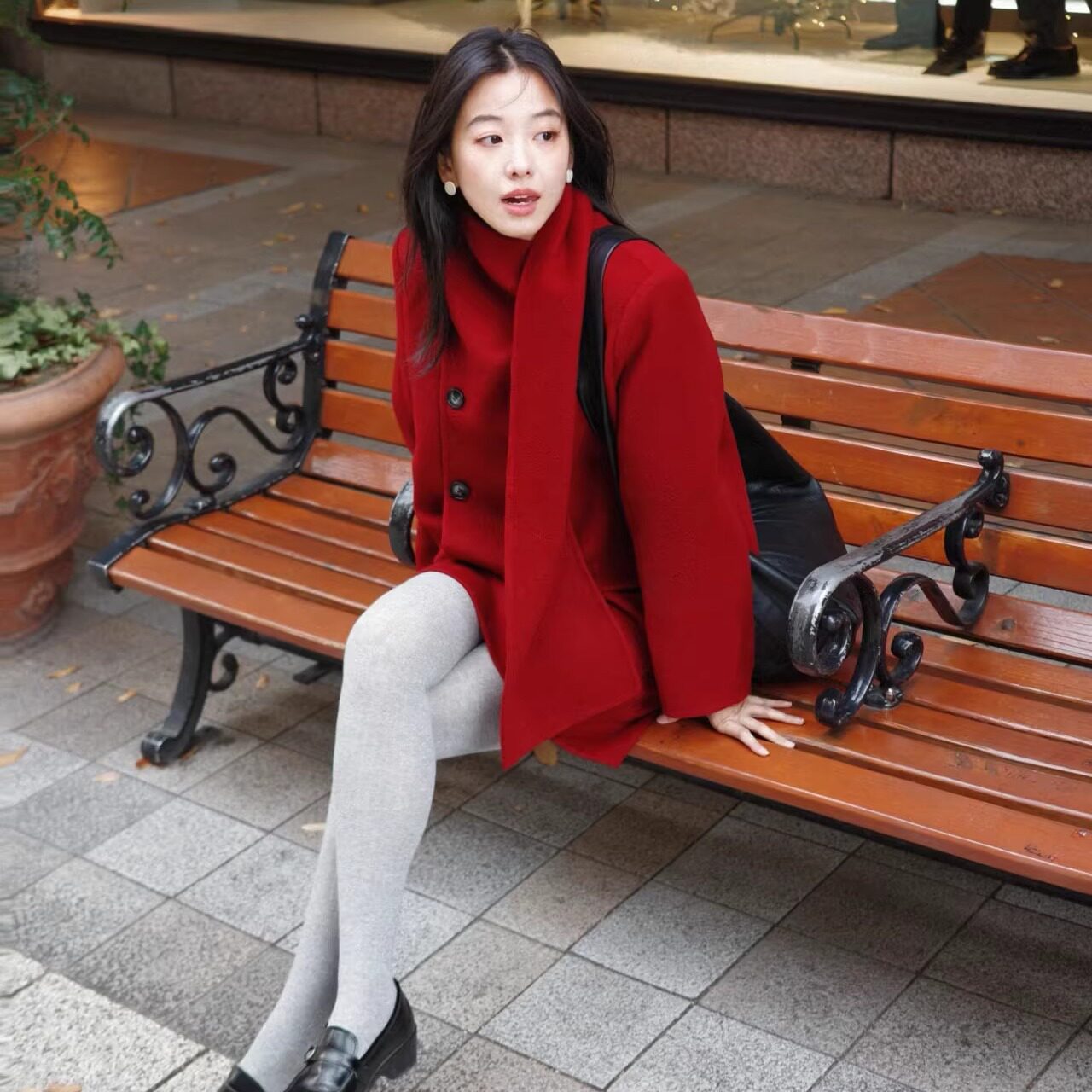 羊毛围巾领双面呢大衣短外套半裙