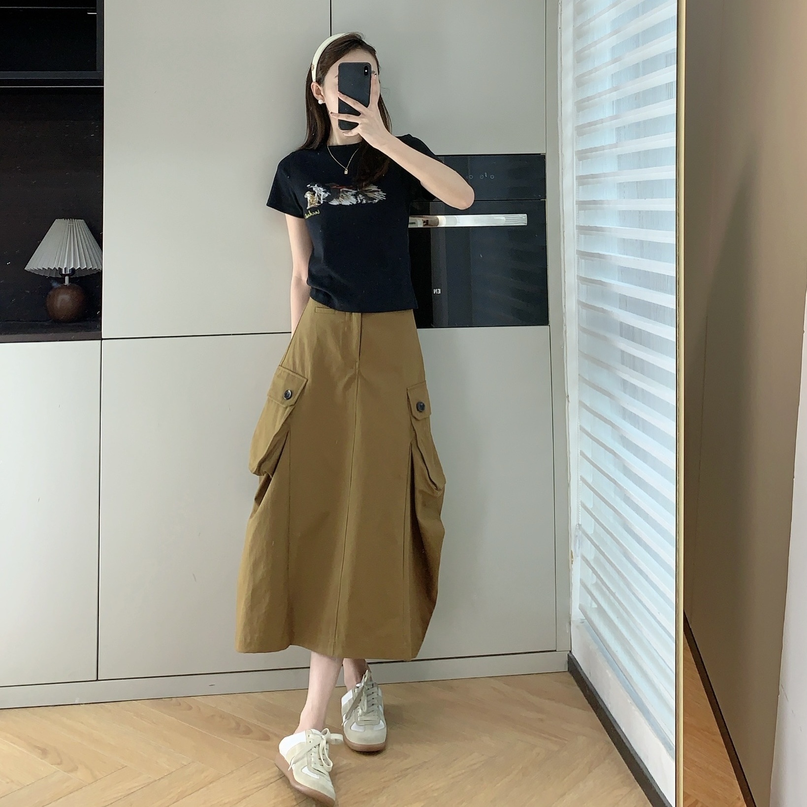 美式复古大口袋工装裙花苞半身裙