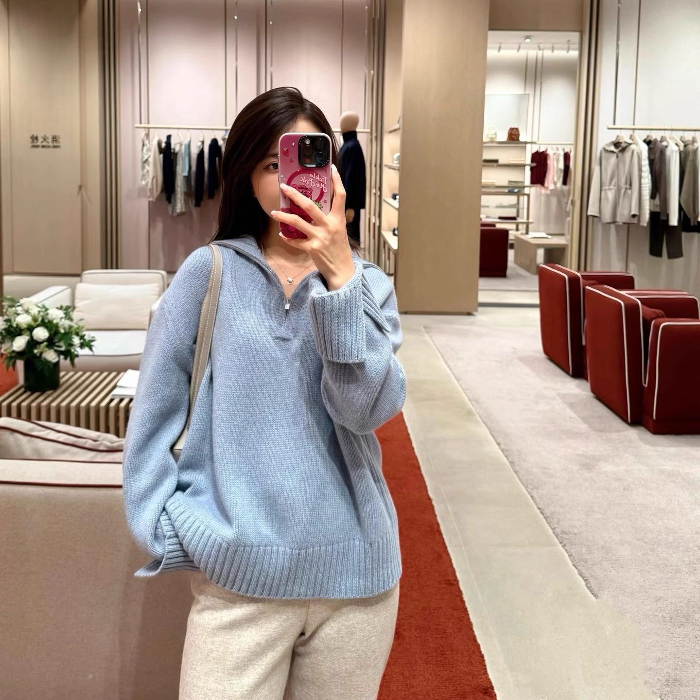 山羊绒翻领半拉链羊绒衫毛衣