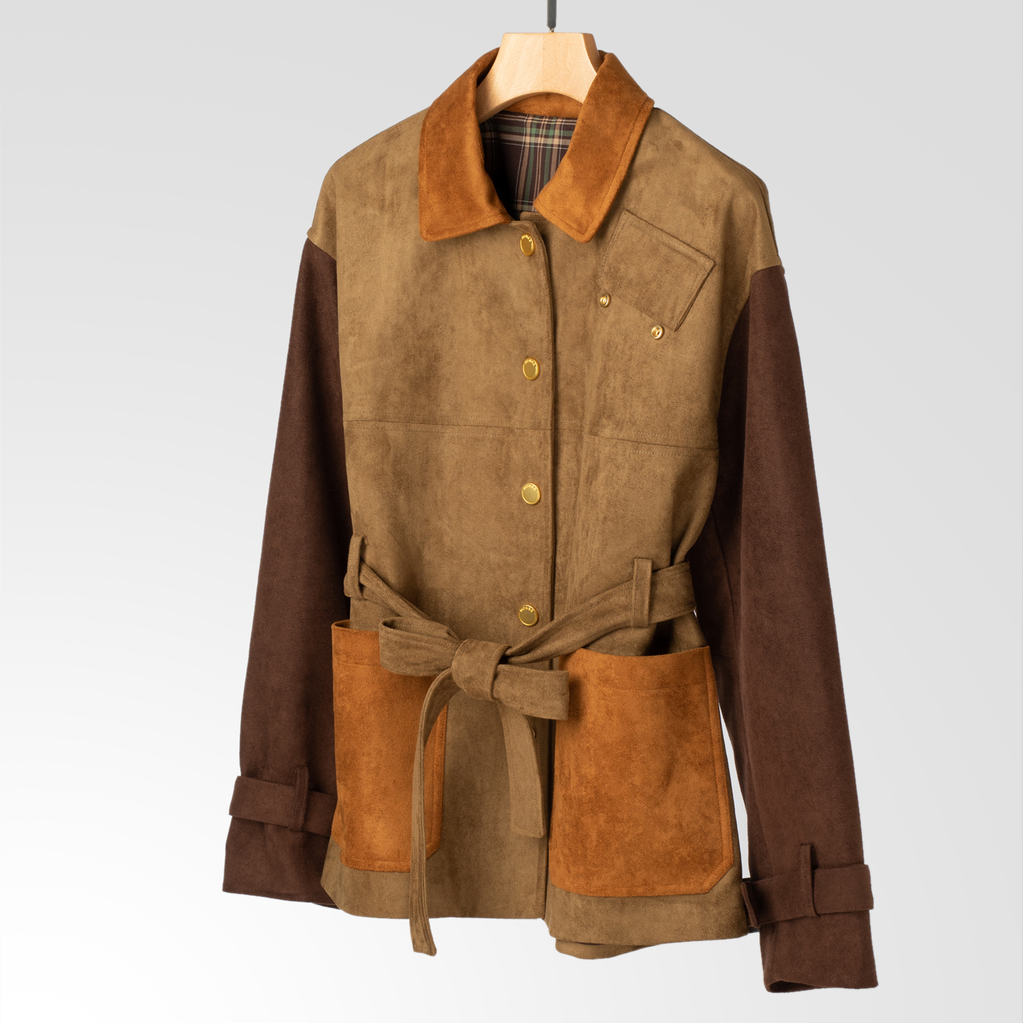 大地色拼色腰带麂皮工装外套