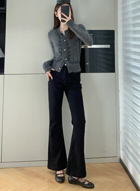 【Highline系列】逆天长腿小神裤ZH弹力黑牛加绒微喇叭牛仔裤女冬