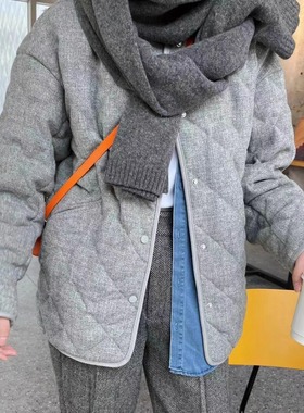 【Highline系列】 很Tot小众腔调羊毛呢灰色华夫格鹅绒羽绒服冬女