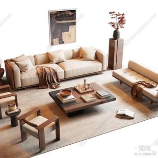 侘寂中古风实木客厅沙发组合大平层酒店民宿样板间全套家具设计师