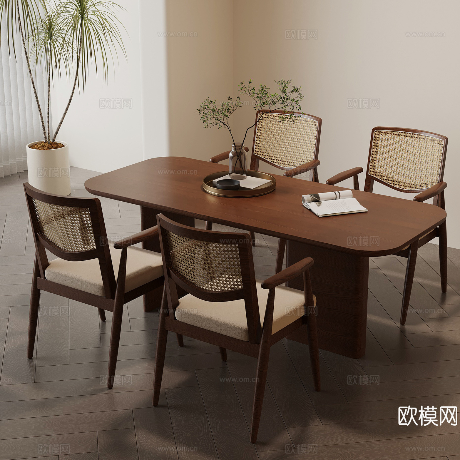 法式中古风实木餐桌椅组合家用大小户型餐厅饭桌民宿酒店藤编餐椅