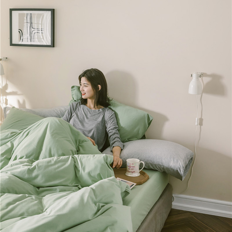 日式无印简约良品天竺棉四件套全棉纯色针织棉床单床笠款裸睡床品