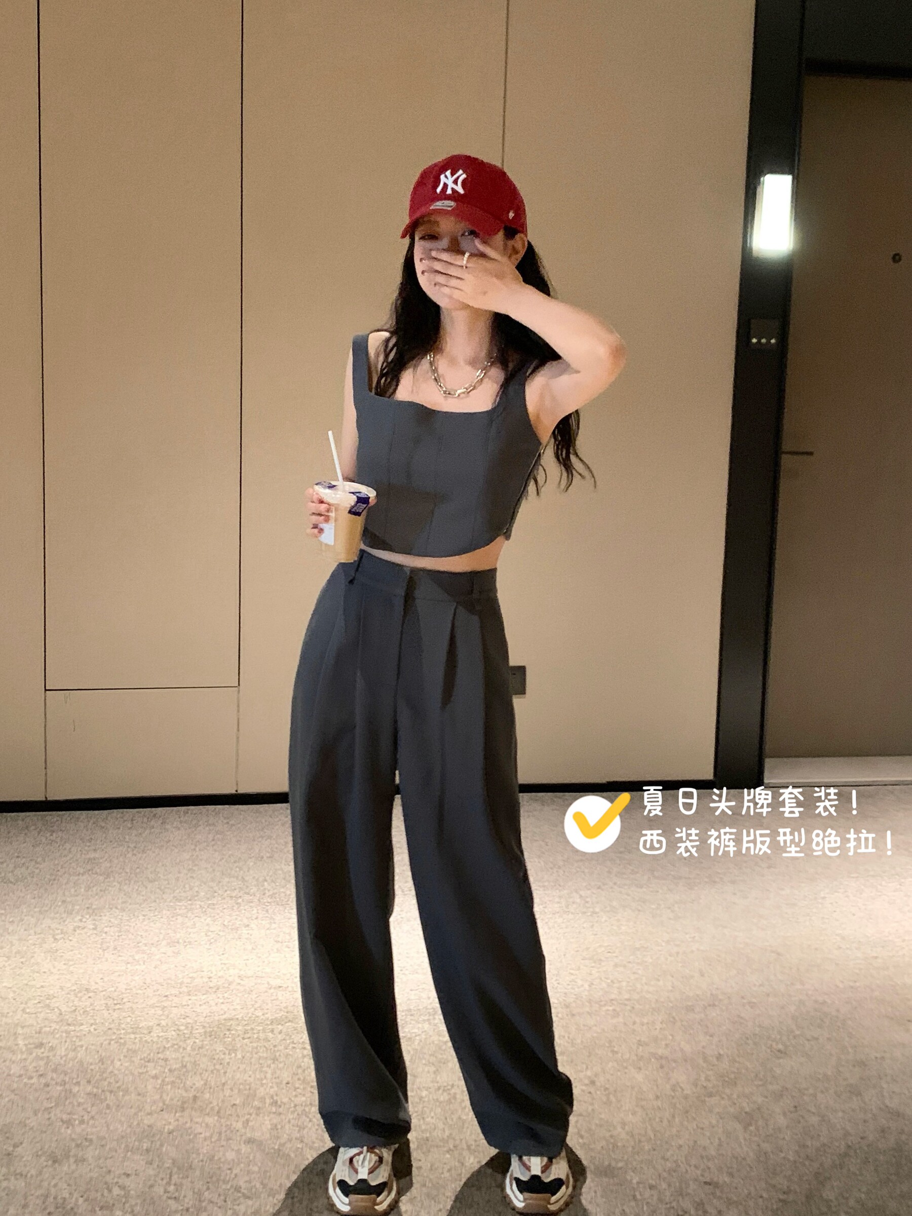 40% 할인 시즌 통관 여름 섹시한 정장 기질 멜빵 + 버전 하이 웨이스트 와이드 레그 여성 정장 바지