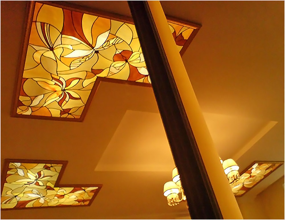 定制钢化Tiffany蒂凡尼雕刻艺术玻璃玄关隔断吊顶天花门芯 拐角花