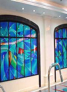 定做钢化艺术玻璃门芯玄关隔断屏风吊顶天花蓝色抽象雕刻心如止水