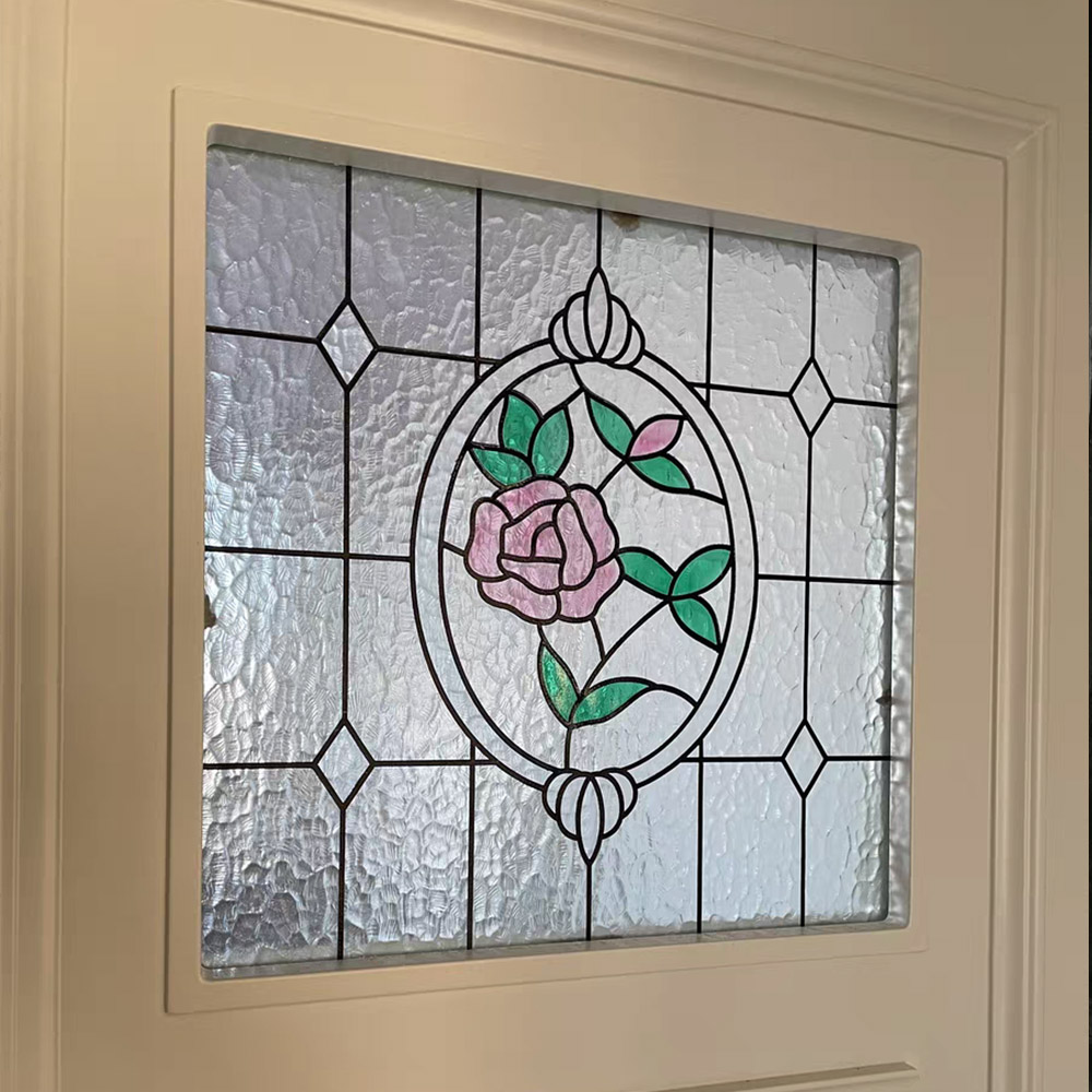 雕刻艺术玻璃法式马卡龙蒂凡尼水纹彩色银波纹压花玫瑰花绿叶门芯