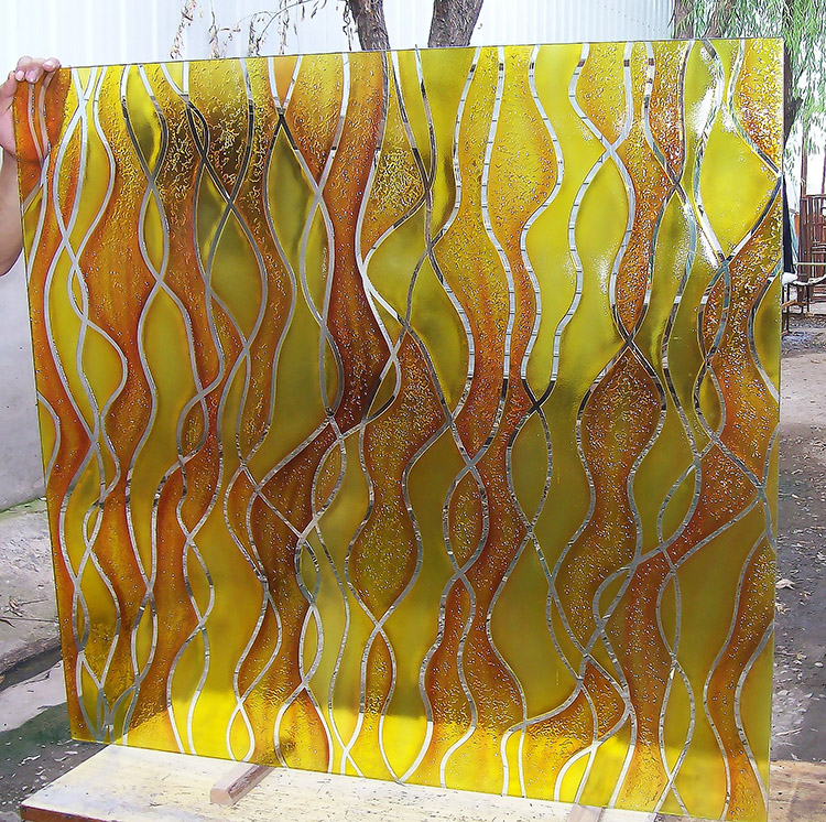 金灿灿艺术玻璃玄关隔断屏风电视两侧墙饰吊顶肌理浮雕刻工艺金条