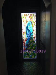 钢化雕刻蒂凡尼艺术玻璃玄关屏风隔断卫生间双面门芯透光孔雀风景