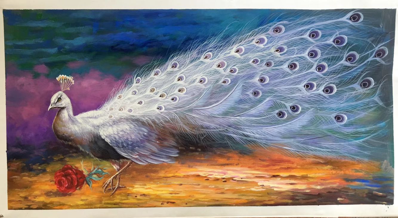纯手绘精致唯美孔雀油画客厅酒店玄关装饰油画60-120现货可定制