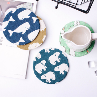 良器 北欧圆形棉麻制卡通动物图案杯垫 布制隔热垫 可爱布艺圆垫