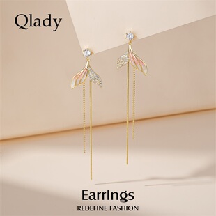 鱼尾流苏耳饰仿珍珠耳钉女925纯银小众独特耳环2026新款 高级 爆款