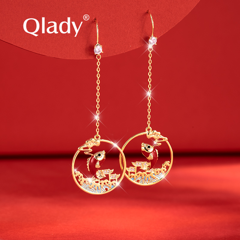 红色锦鲤长款耳环新款女高级大气