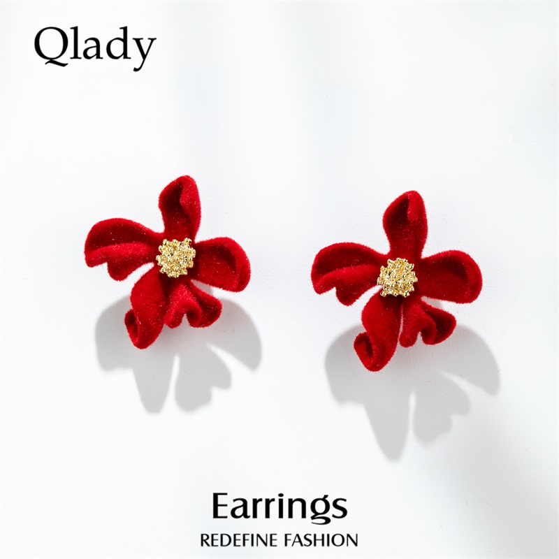 红色花朵耳钉银针轻奢耳环女
