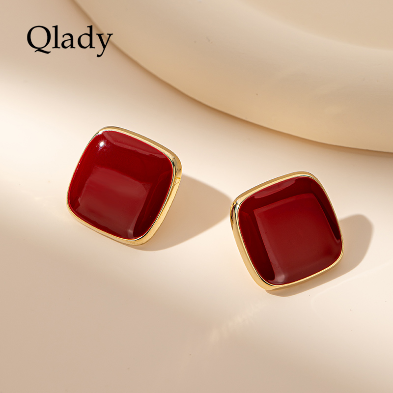 方块红色耳饰女银耳钉秋冬独特新年耳环2025新款爆款高级感耳坠