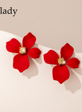 养耳洞红色耳饰花朵银针耳钉女小众设计轻奢高级感耳环独特漂亮