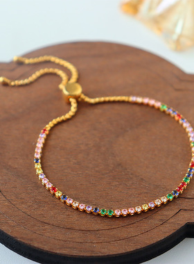 新款时尚多巴胺彩色锆石抽拉手链小众高级感复古轻奢气质百搭手