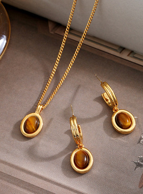 欧美轻奢新款美拉德虎眼石项链简约时尚高级感复古小众气质锁骨