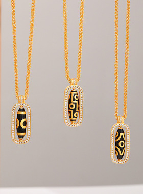 新中式沙金锆石可旋转九眼天珠吊坠项链时尚轻奢国风百搭锁骨