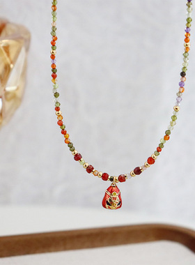 新中式彩色锆石印钞鸡滴油串珠项链女百搭高级感简约小众轻