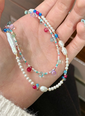 原创时尚气质百搭彩色多巴胺淡水珍珠叠戴项链轻奢高级感锁骨