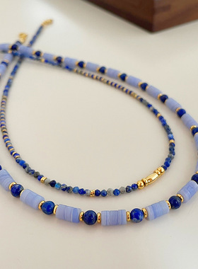 欧美ins新款复古青金石彩色串珠项链女百搭高级感简约时尚锁骨链