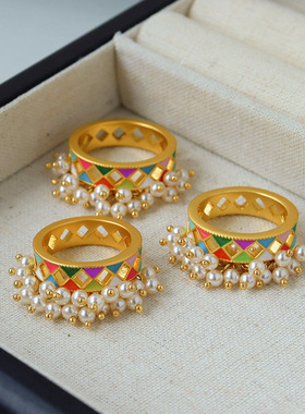 原创复古时尚多巴胺滴油棋盘格流苏戒指女轻奢高级感百搭戒子