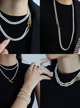 法式复古气质简约施家珍珠双层长款项链女时尚精致百搭复古毛衣