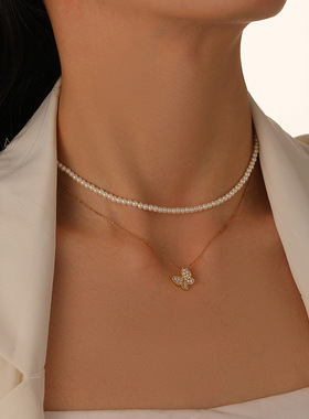 法式新款轻奢微镶锆石蝴蝶珍珠项链百搭高级感ins小众叠戴锁骨链