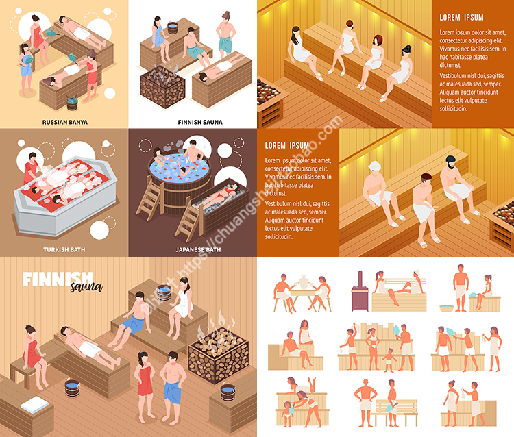 桑拿房人物场景 扁平化澡堂搓澡汗蒸芬兰浴 AI格式矢量设计素材