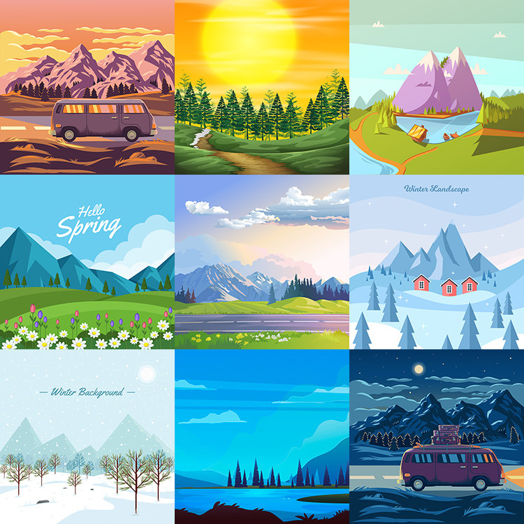 扁平化山谷风光 卡通山川自然风景四季美景 ai格式矢量设计素材