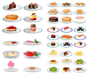 盘子里的美食AI矢量素材 甜品寿司海鲜西式食物餐点图标 设计素材