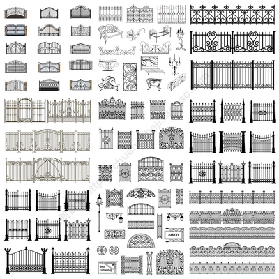 铁艺栏杆 欧式铁门大门围栏庭院护栏剪影图标 AI格式矢量设计素材