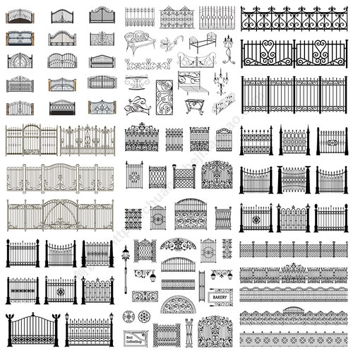 铁艺栏杆 欧式铁门大门围栏庭院护栏剪影图标 AI格式矢量设计素材