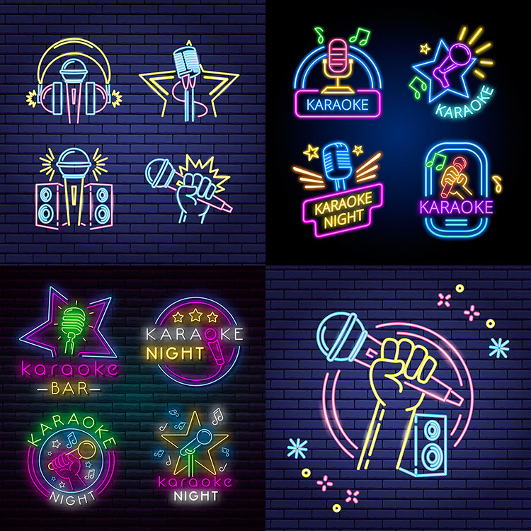 卡拉OK图标AI矢量素材 KTV唱歌唱K麦霸音乐元素霓虹图标 设计素材