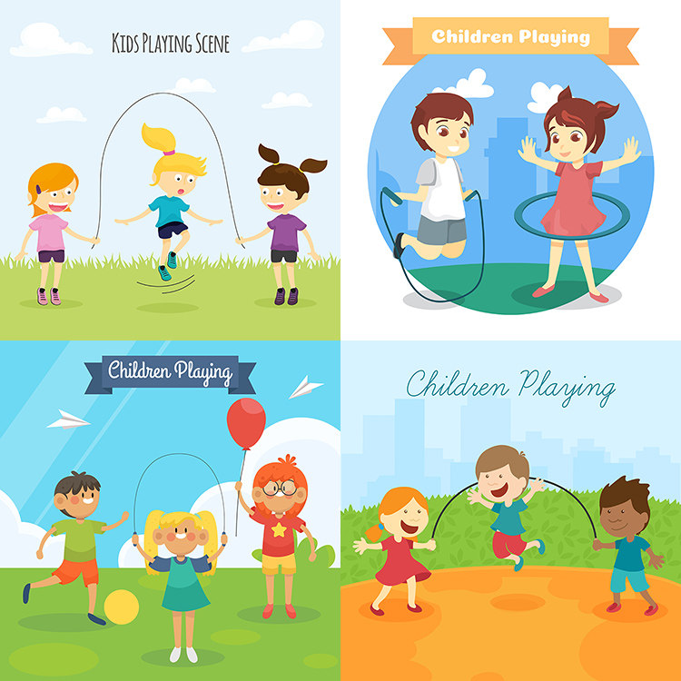 儿童跳绳插画 4款卡通小孩子玩耍运动场景 ai格式矢量设计素材