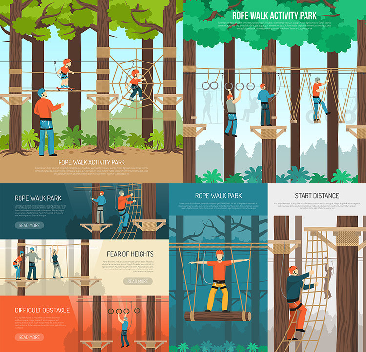 团建活动 公司拓展训练运动绳网攀爬木质吊桥 AI格式矢量设计素材