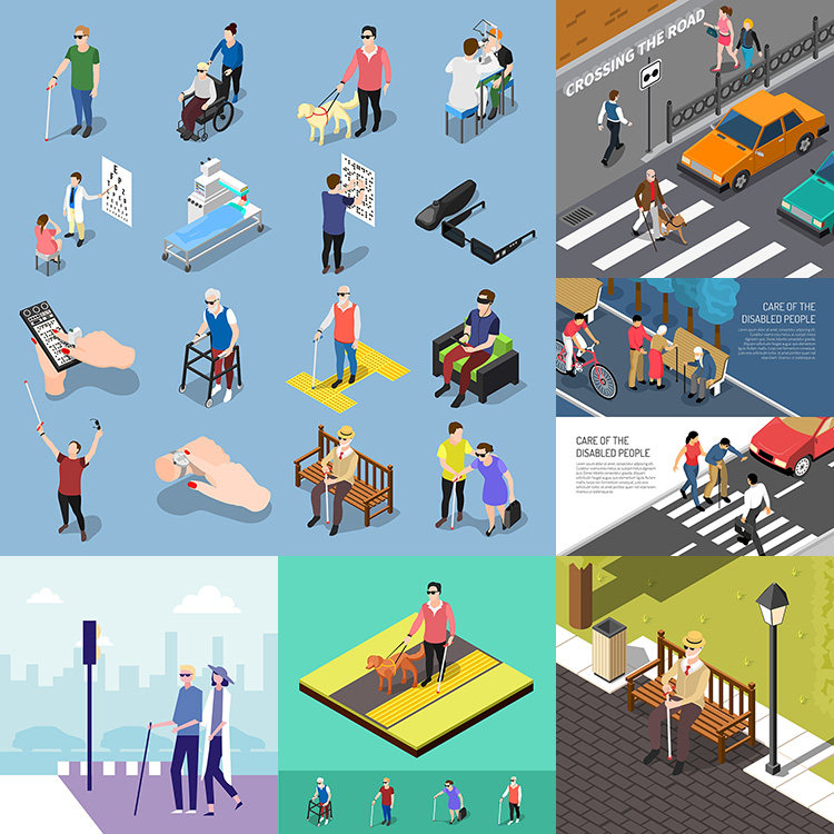 盲人生活场景 视觉障碍拄拐杖过马路人物插画 ai格式矢量设计素材