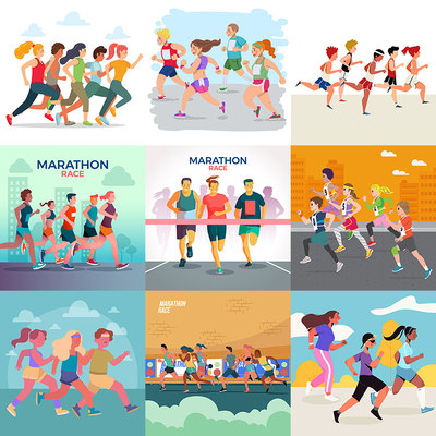 卡通马拉松赛跑 扁平化跑步比赛人物运动插画 AI格式矢量设计素材