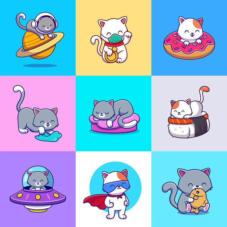 卡通猫咪形象 9款可爱小猫宠物装饰插画背景 ai格式矢量设计素材