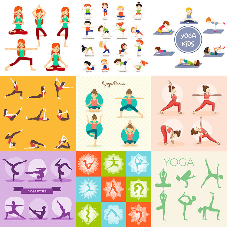 练瑜伽卡通人物 女性形体锻炼瑜伽动作示范 AI格式矢量设计素材