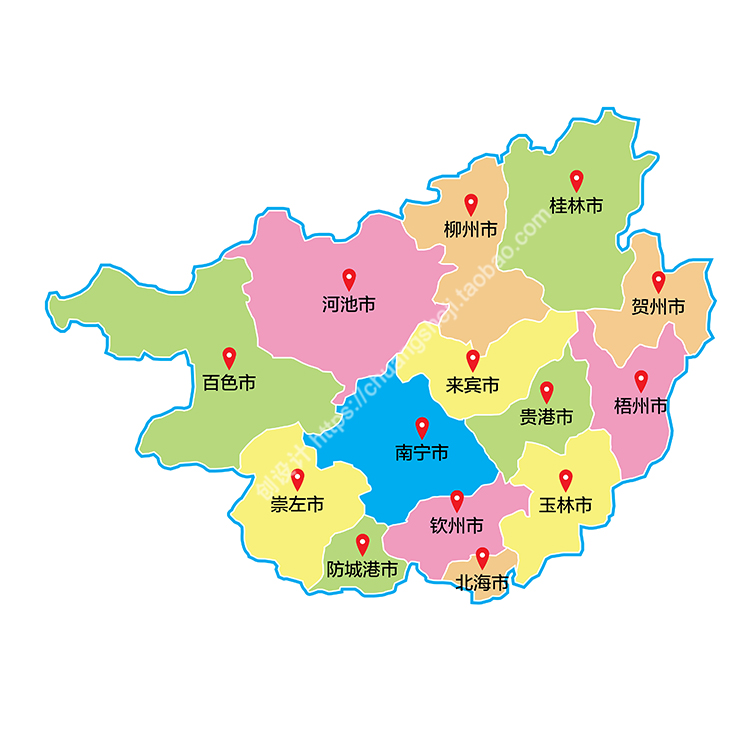 彩色广西省分区地图简单行政区划非实物地图 AI格式矢量设计素材