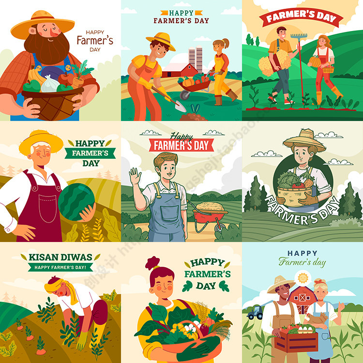 快乐农民日海报插画 扁平化卡通干农活人物 ai格式矢量设计素材