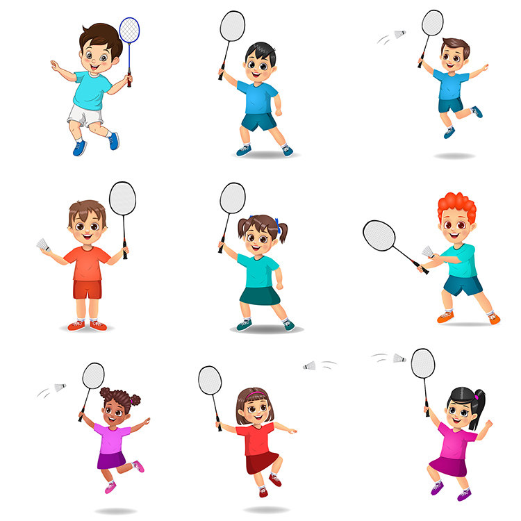 羽毛球卡通小孩 男生女生挥拍动作人物插画 ai格式矢量设计素材