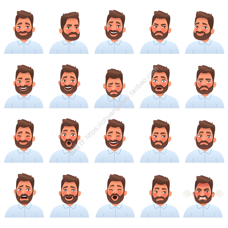 卡通男士面部表情图标 络腮胡子男人神情 AI格式矢量设计素材