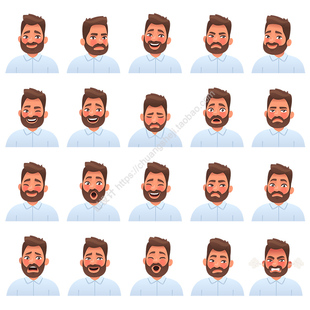 卡通男士面部表情图标 络腮胡子男人神情 AI格式矢量设计素材