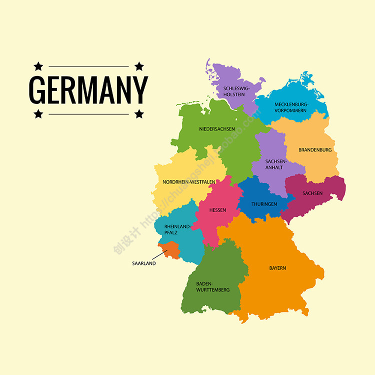 德国彩色地图 简单英文版国家分区图 非实物 ai格式矢量设计素材