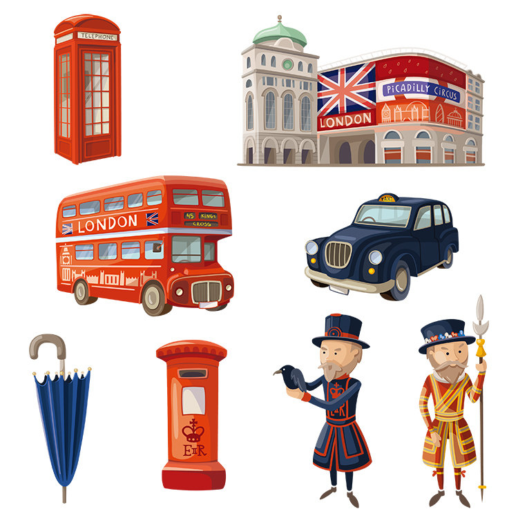 精美伦敦元素 英国电话亭士兵双层巴士图标 ai格式矢量设计素材